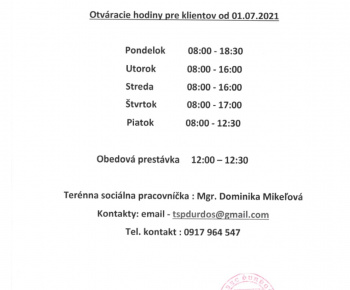 Aktuality / Zmena otváracích hodín pre TSP, platné od 01.07.2021 ! - foto