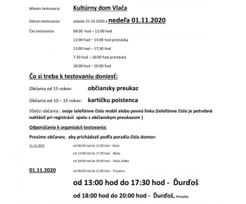 Aktuality / Celoplošné testovanie 01.11.2020 od 13:00 - 22:00 - foto