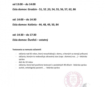 Aktuality / Celoplošné testovanie 01.11.2020 od 13:00 - 22:00 - foto